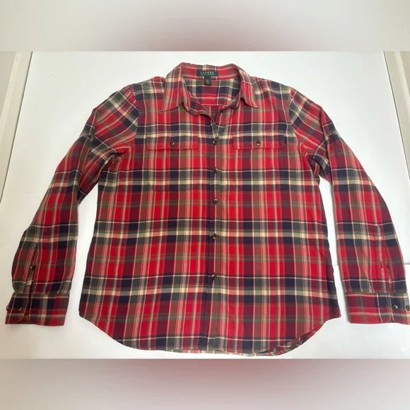 Lauren Ralph Lauren plaid flannel large L heritage button up red green LRL - Picture 4 of 13
